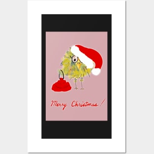 Funny Bird with Santa Hat and Sack Christmas Card! Posters and Art